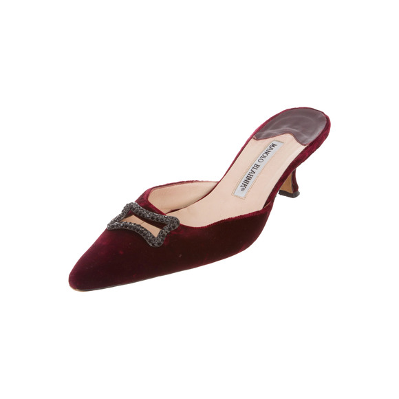 Manolo Blahnik Velvet Pointy Toe Crystal Kitten Heel Mules Red Women 38 / US 8 - Picture 1 of 8